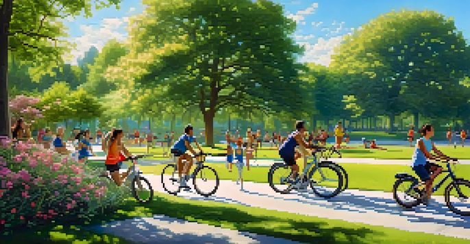 A diverse group of people exercising in a sunny park, showcasing jogging, yoga, and cycling amidst greenery.