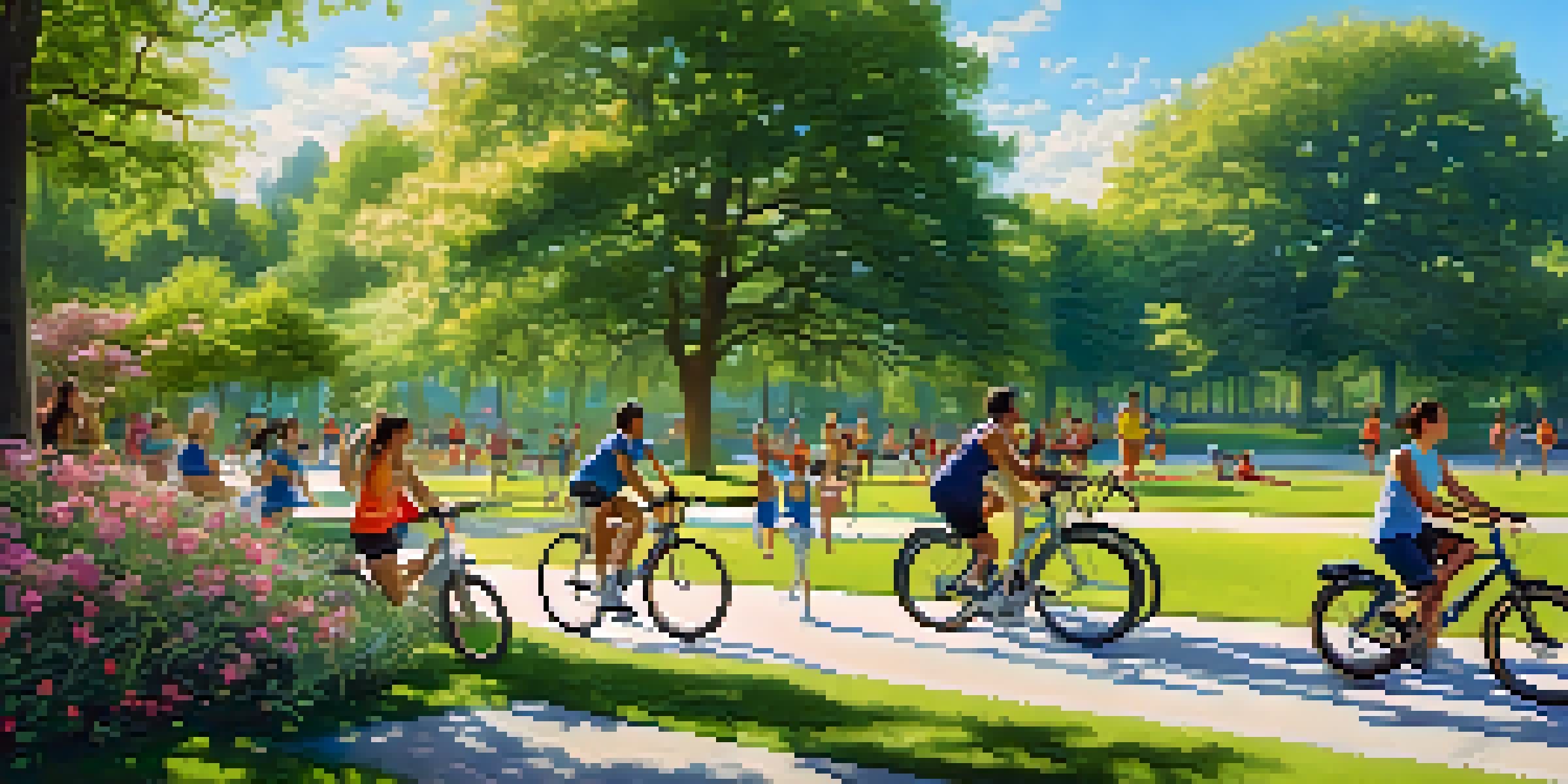 A diverse group of people exercising in a sunny park, showcasing jogging, yoga, and cycling amidst greenery.