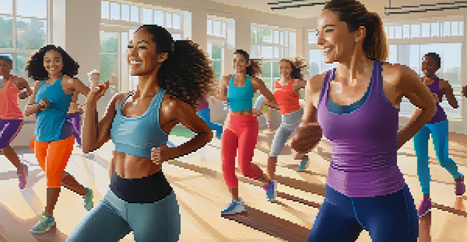 Women of various ages participating in a dance workout in a bright gym, showcasing energy and joy.