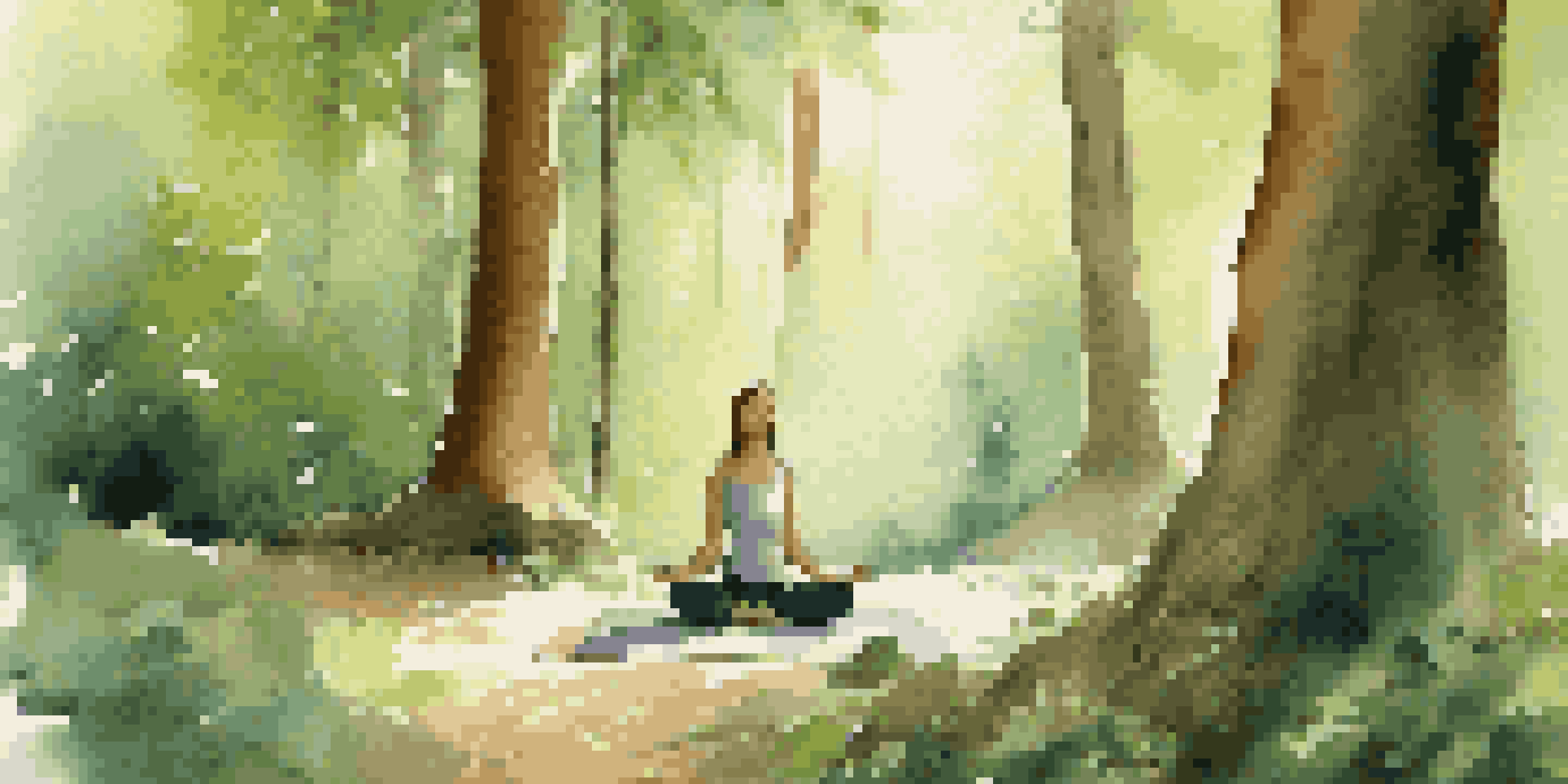 A person sitting cross-legged on a yoga mat in a forest, journaling and reflecting in a peaceful setting.