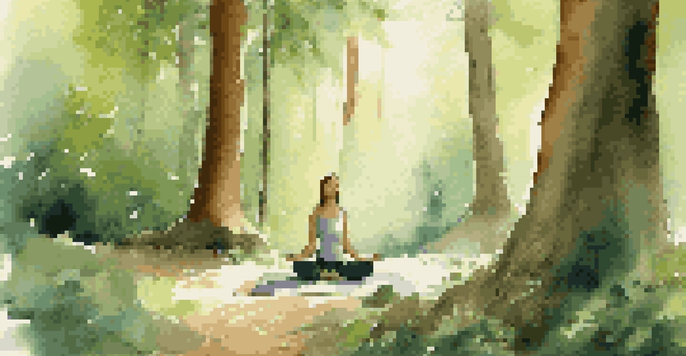 A person sitting cross-legged on a yoga mat in a forest, journaling and reflecting in a peaceful setting.