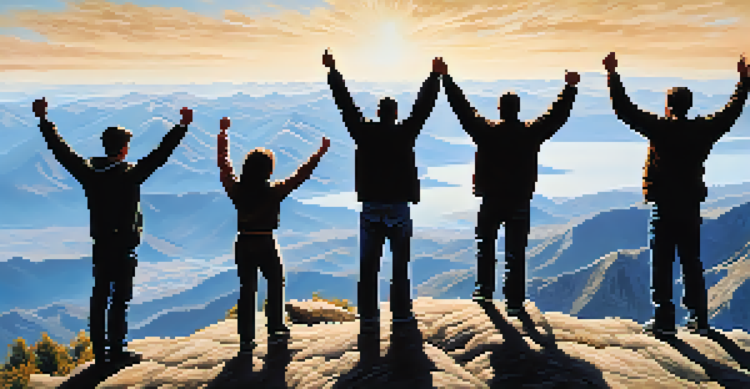 A diverse group of individuals celebrating together on a mountain top, with arms raised against a clear blue sky.