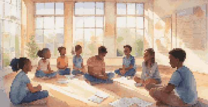 A group of diverse students sitting in a circle in a brightly lit classroom, discussing mental health with notepads and pens.