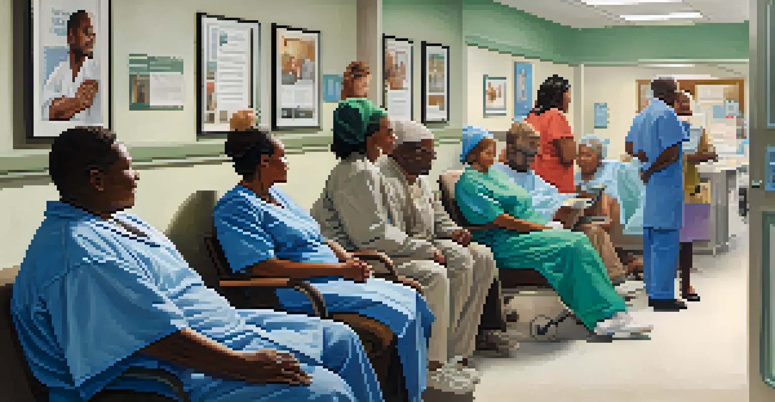 An urban healthcare clinic with diverse patients waiting and healthcare workers assisting them in a bright and welcoming environment.