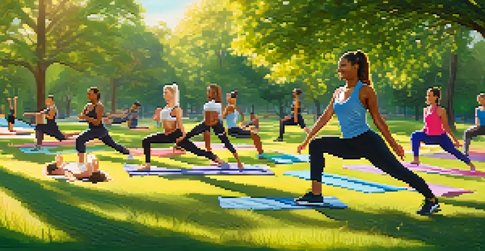 A diverse group of people exercising together in a sunny park, demonstrating various workout activities with smiles and supportive interactions.