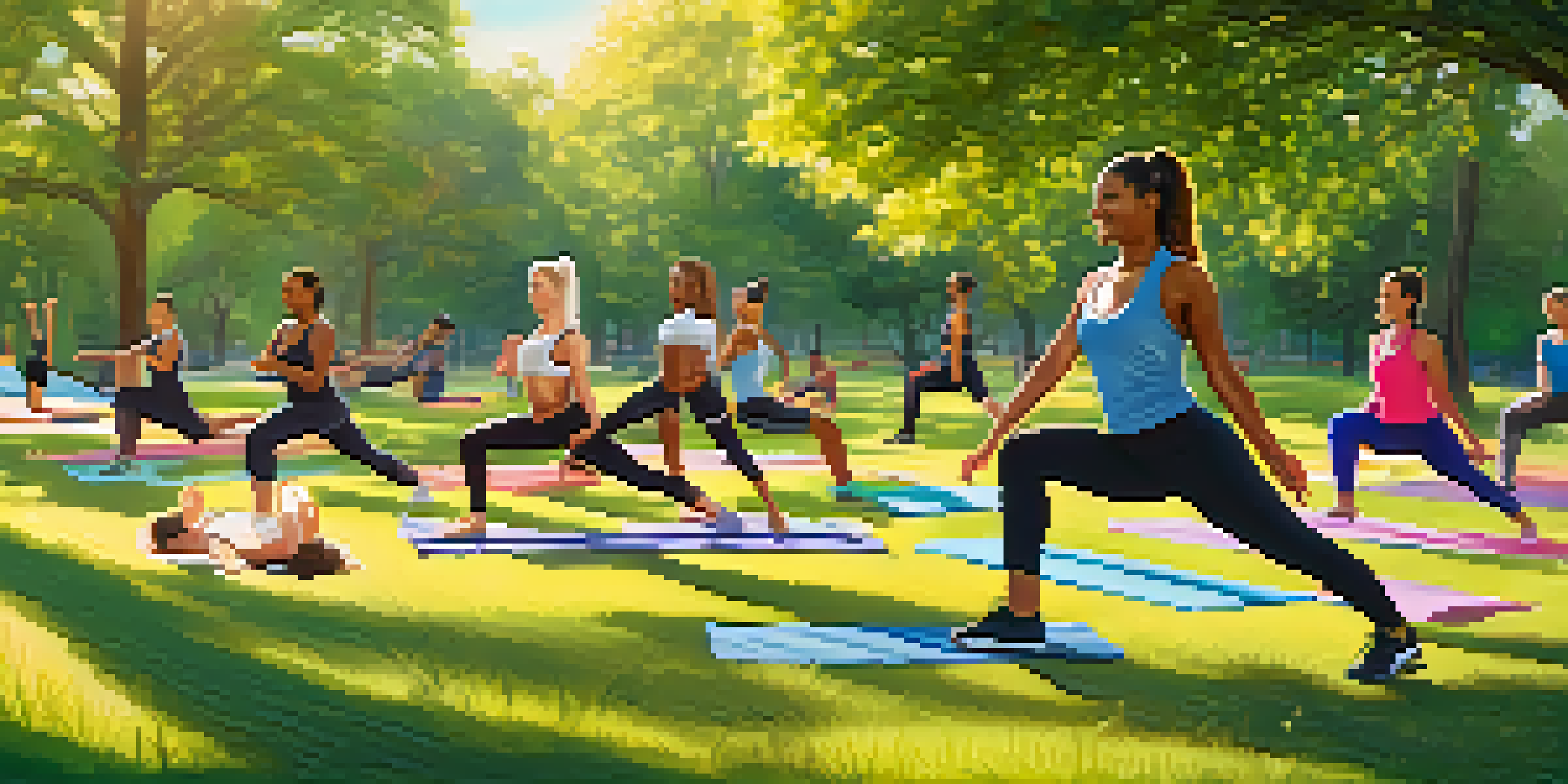 A diverse group of people exercising together in a sunny park, demonstrating various workout activities with smiles and supportive interactions.