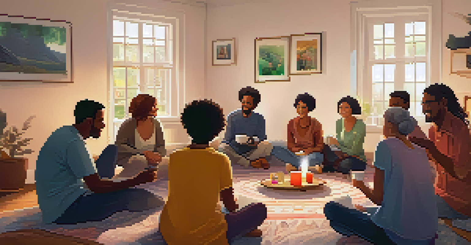 A group of people sitting in a circle sharing gratitude in a cozy living room, with a gratitude jar in the center.