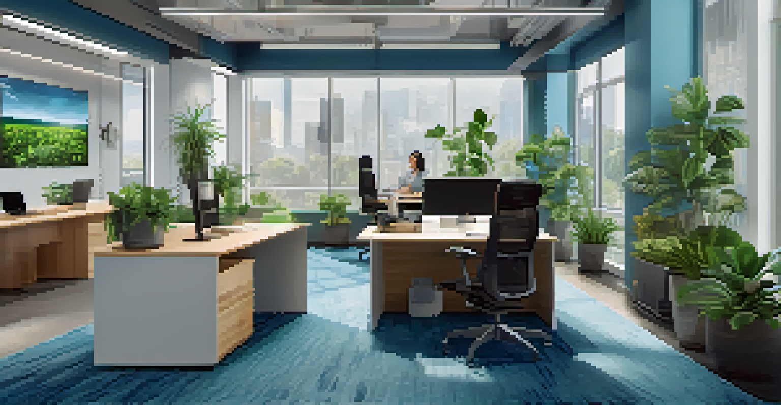 A modern office workspace with employees engaged in a video conference, filled with natural light and plants, reflecting adaptability and collaboration.