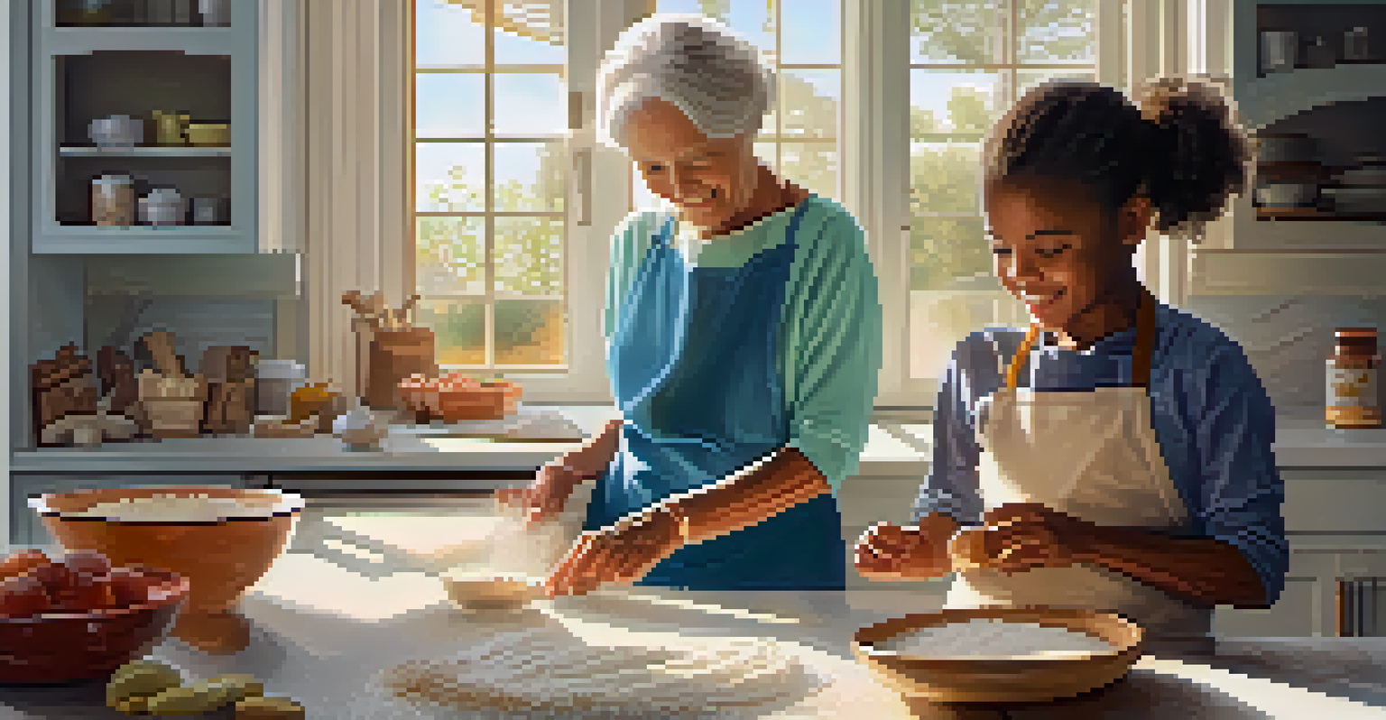 A grandmother and granddaughter happily baking together in a bright kitchen.