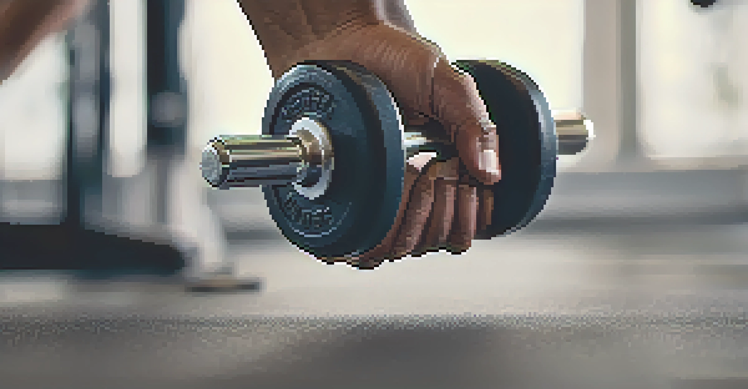 A close-up of a hand gripping a dumbbell, highlighting the texture and determination of the grip.