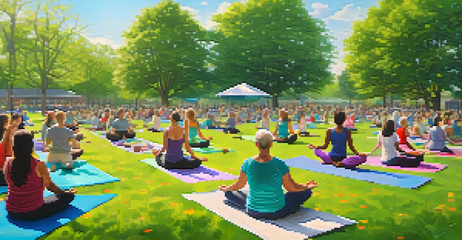 Elderly individuals participating in a yoga class in a sunny park, surrounded by green trees and colorful mats.