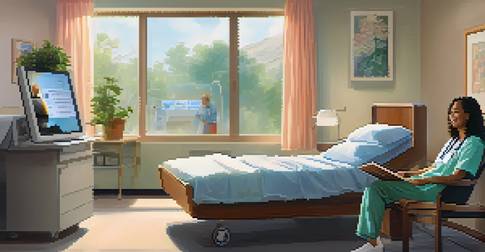 A patient in a hospital room laughing while watching a comedy show on a tablet, with a healthcare professional smiling nearby.