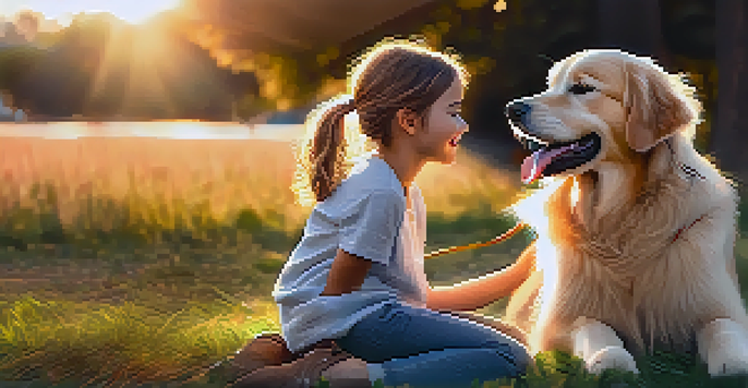A young girl joyfully petting a golden retriever in a sunlit park.