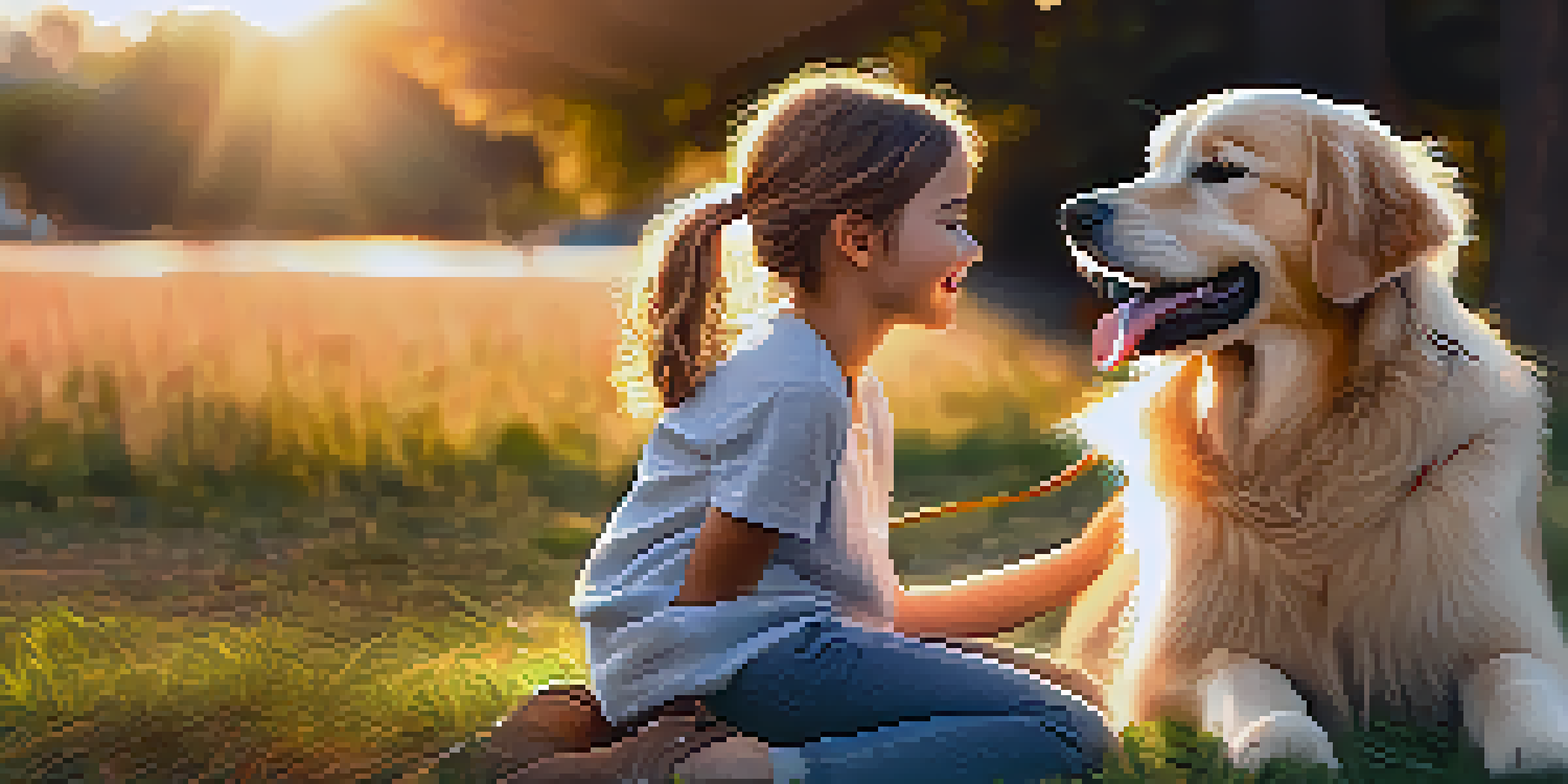 A young girl joyfully petting a golden retriever in a sunlit park.