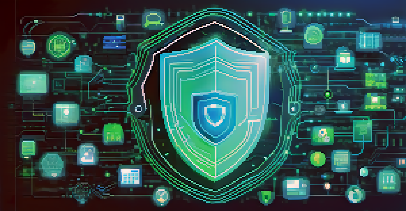 A glowing shield symbolizing data protection, surrounded by health technology icons in a futuristic background.