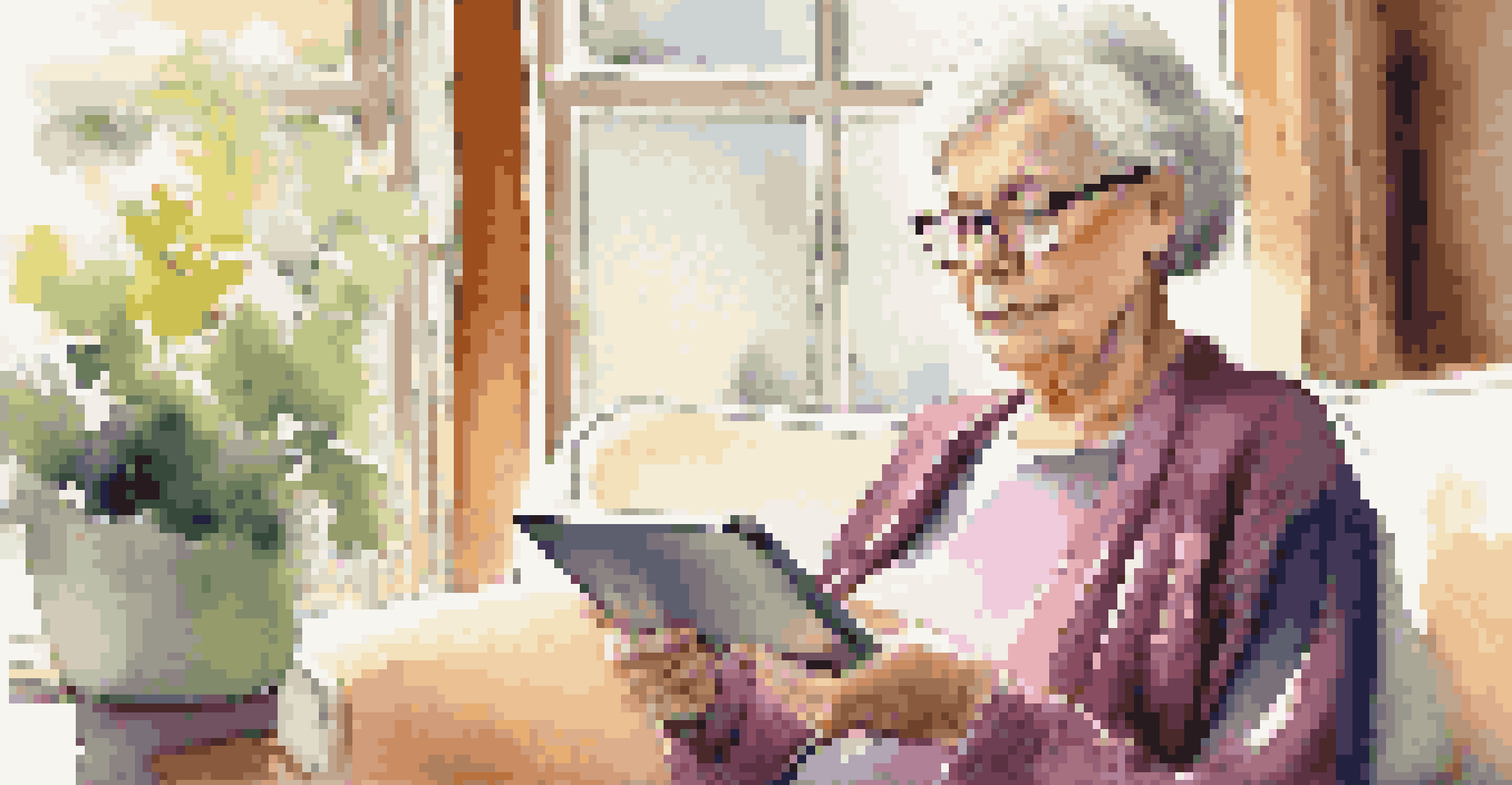 A senior woman using a tablet in a cozy living room, focused on the screen with sunlight streaming through a window.