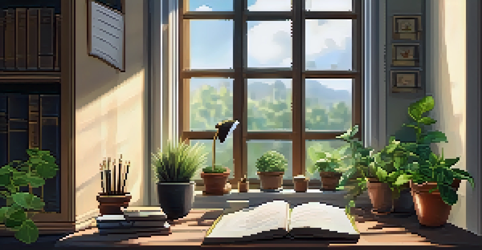 A cozy writing space with a journal, pen, and tea, illuminated by soft sunlight.