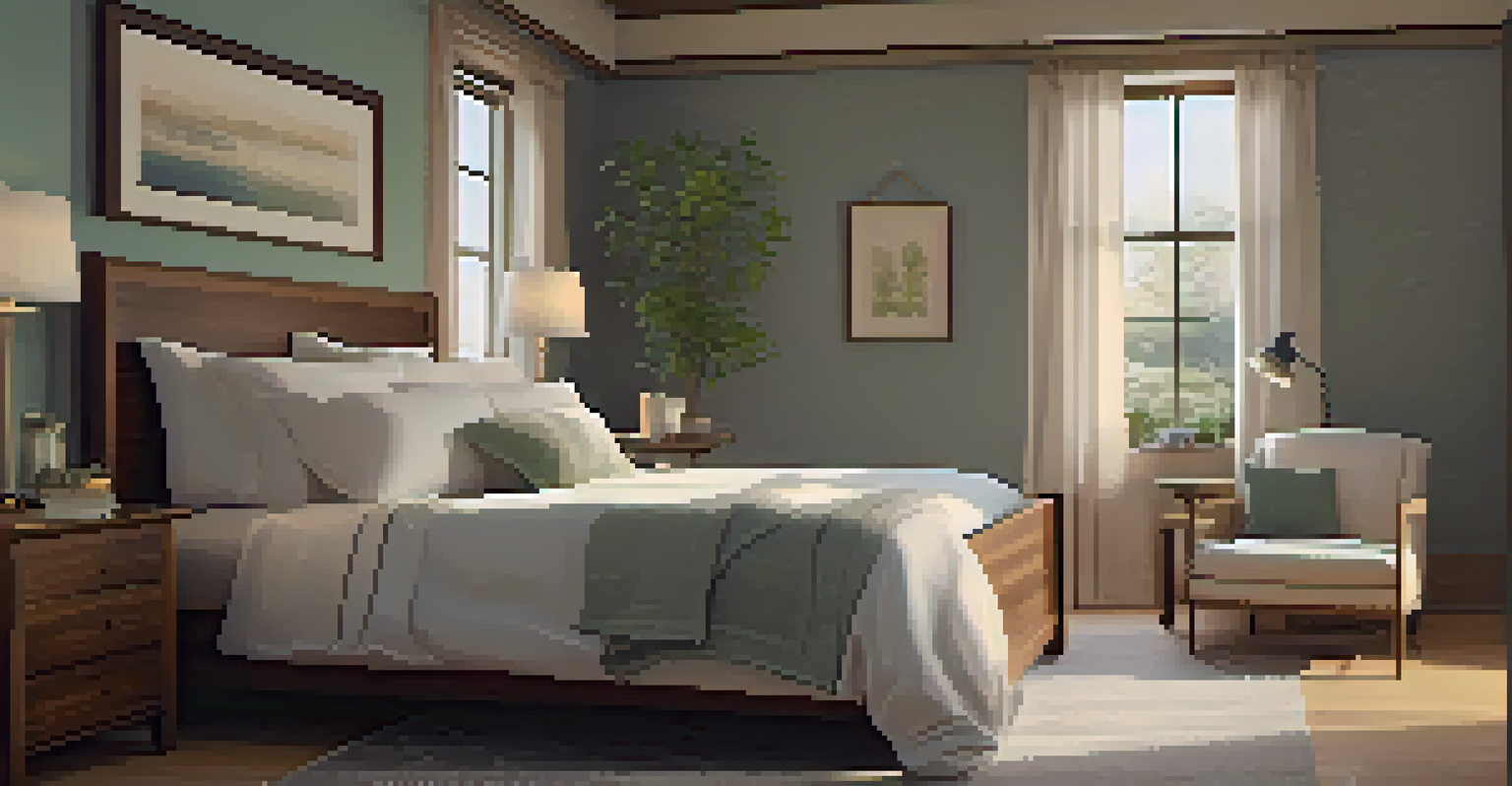 A calming bedroom with soft linens, a bedside table with a book and tea, and a peaceful atmosphere for restful sleep.