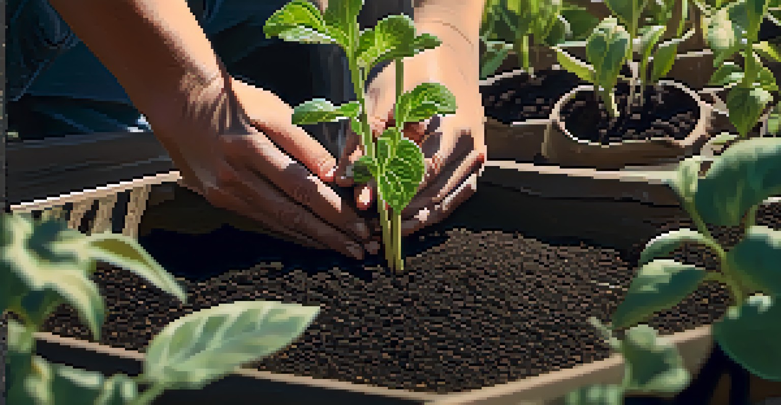 Close-up of hands planting seeds in dark soil in a community garden, with sunlight filtering through green plants, highlighting the connection to nature.