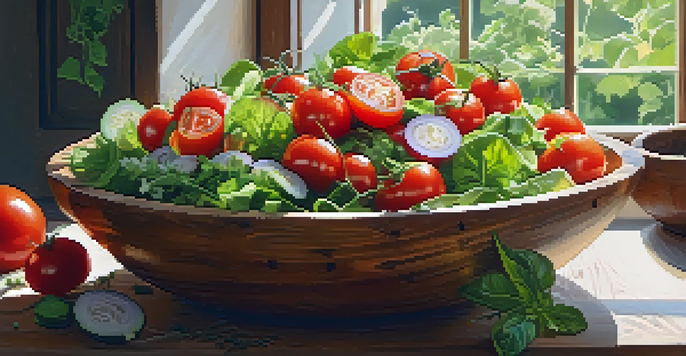 A colorful summer salad with fresh tomatoes, cucumbers, and herbs in a wooden bowl, illuminated by sunlight in a kitchen.