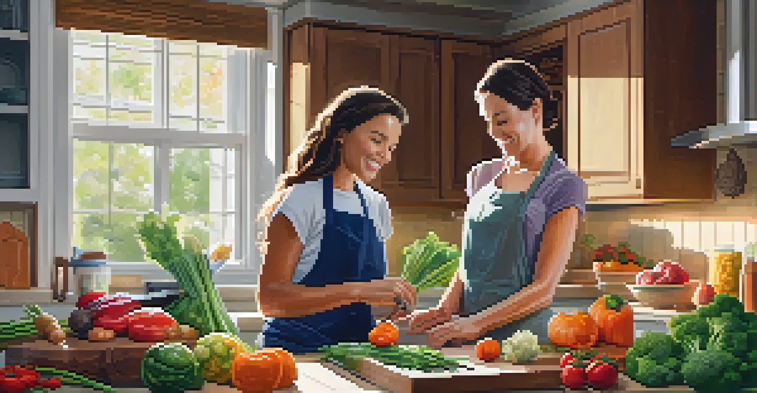 A parent and child preparing healthy ingredients together in a cozy, warmly lit kitchen.