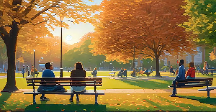 A peaceful park at sunset with people discussing mental health, surrounded by colorful trees and green grass.