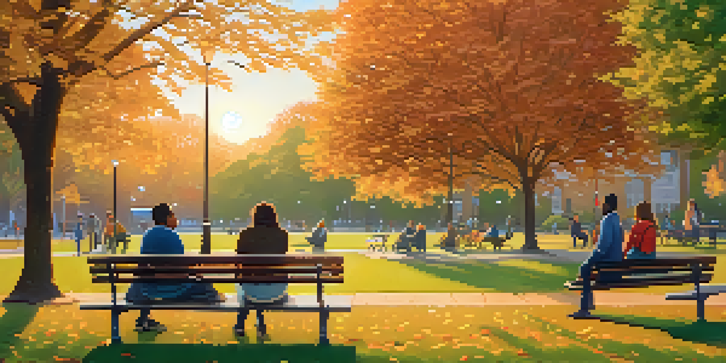 A peaceful park at sunset with people discussing mental health, surrounded by colorful trees and green grass.