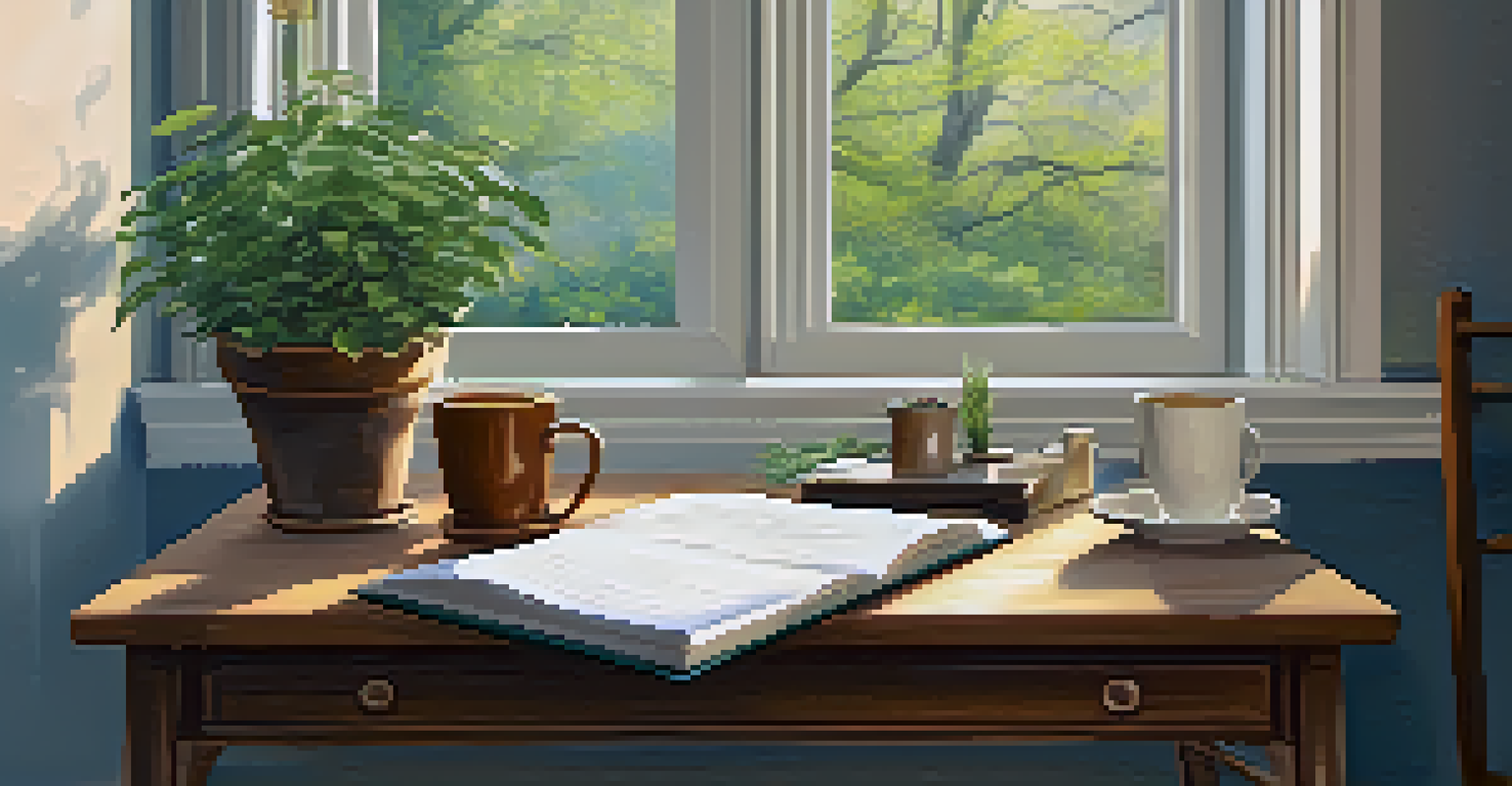 A cozy workspace with a desk, chair, cup of tea, gratitude journal, and a plant, illuminated by warm natural light from a window.