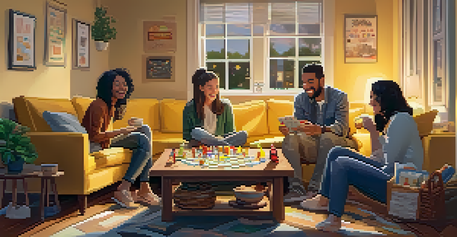 Friends gathered in a cozy living room, enjoying a board game night with laughter and snacks.