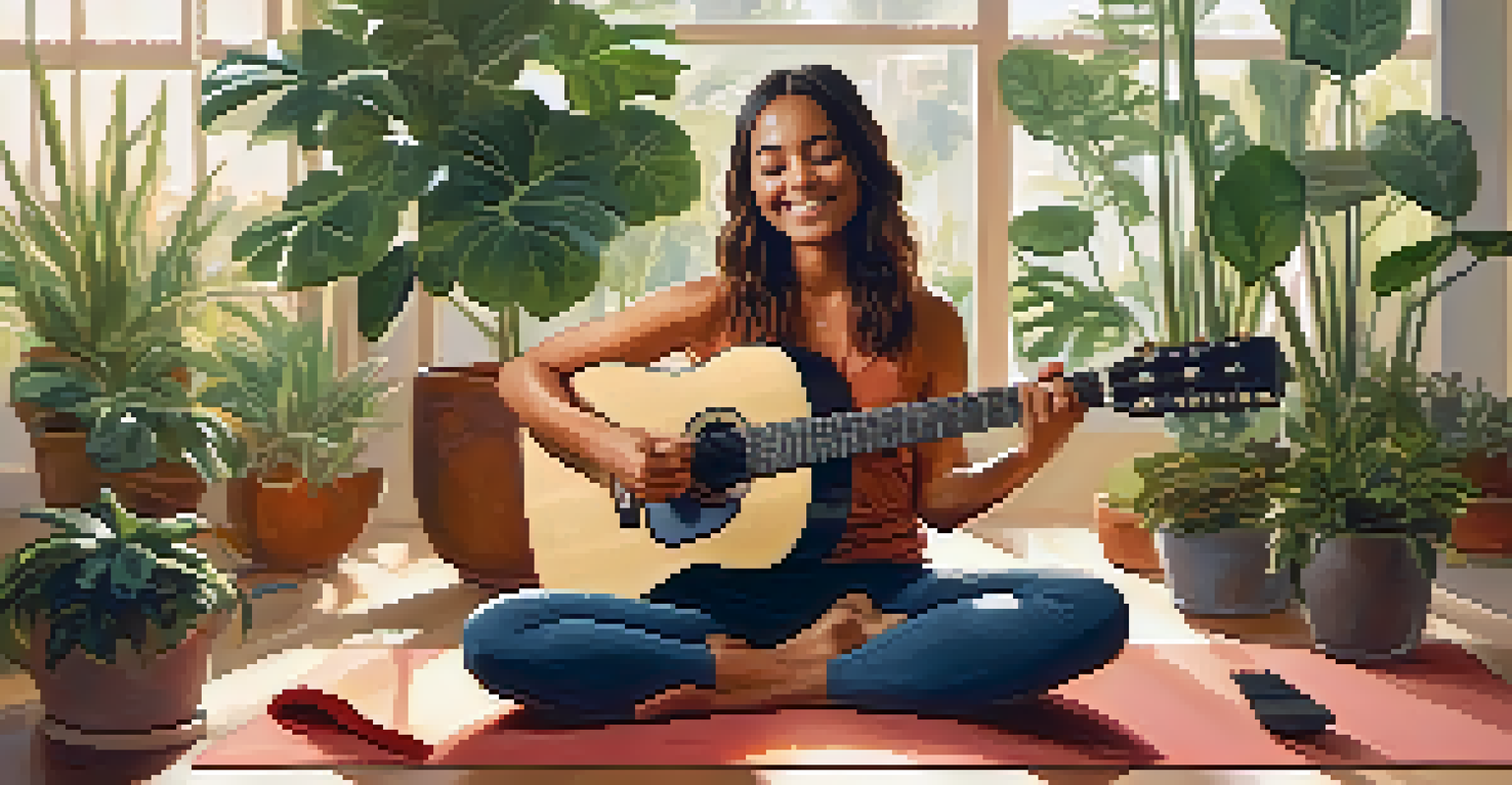 A person playing guitar while meditating on a yoga mat, surrounded by plants and warm lighting.