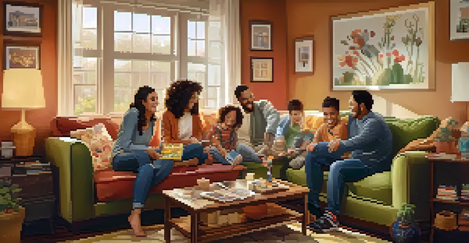 A family enjoying a board game in a cozy living room, filled with warm lighting and family photos, showcasing a supportive environment.