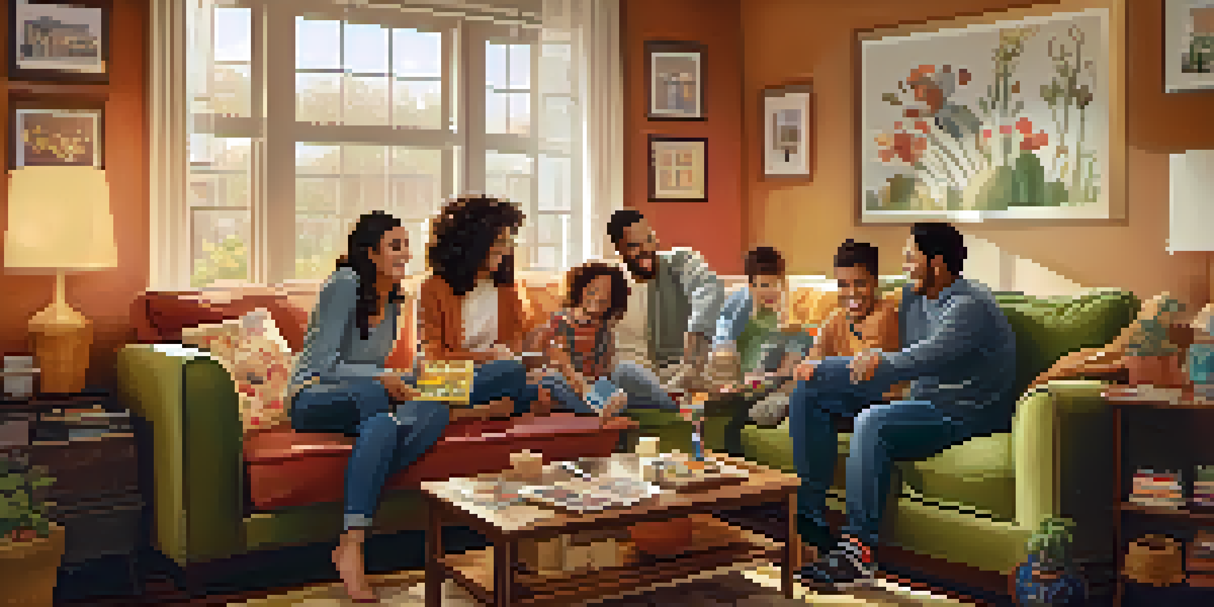 A family enjoying a board game in a cozy living room, filled with warm lighting and family photos, showcasing a supportive environment.