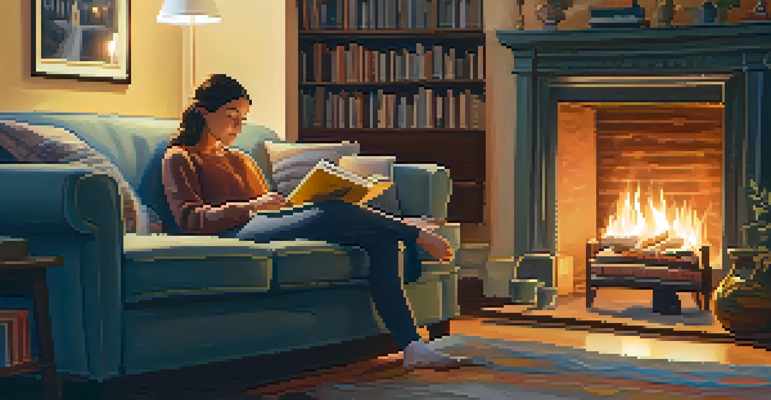 A person reading a mental health book on a cozy couch with blankets and a warm fire in the fireplace.