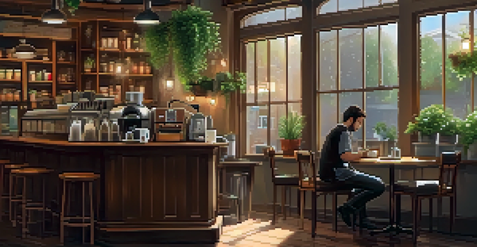A cozy coffee shop with warm lighting, a barista making coffee, and a customer reading by the window.