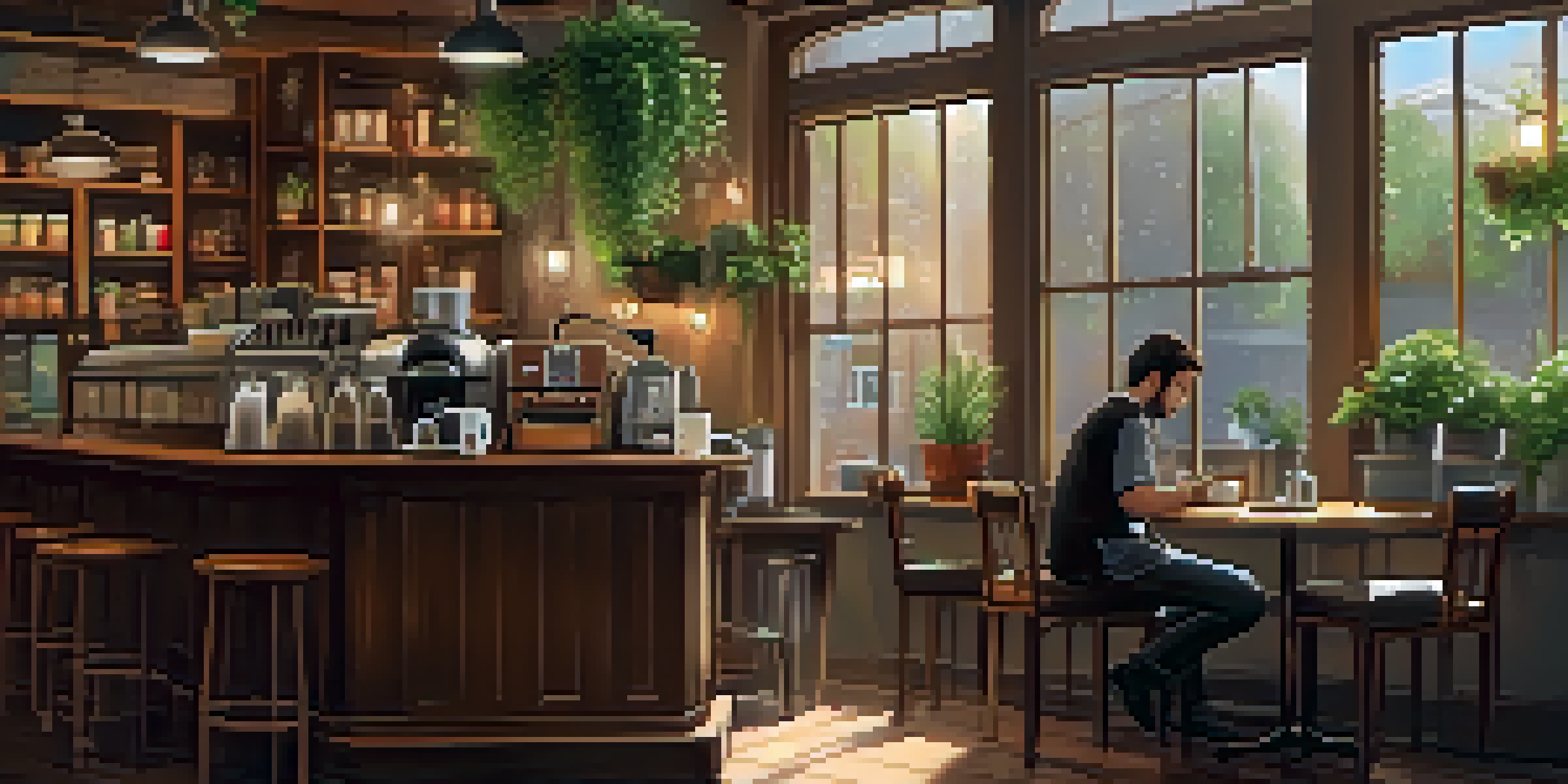A cozy coffee shop with warm lighting, a barista making coffee, and a customer reading by the window.