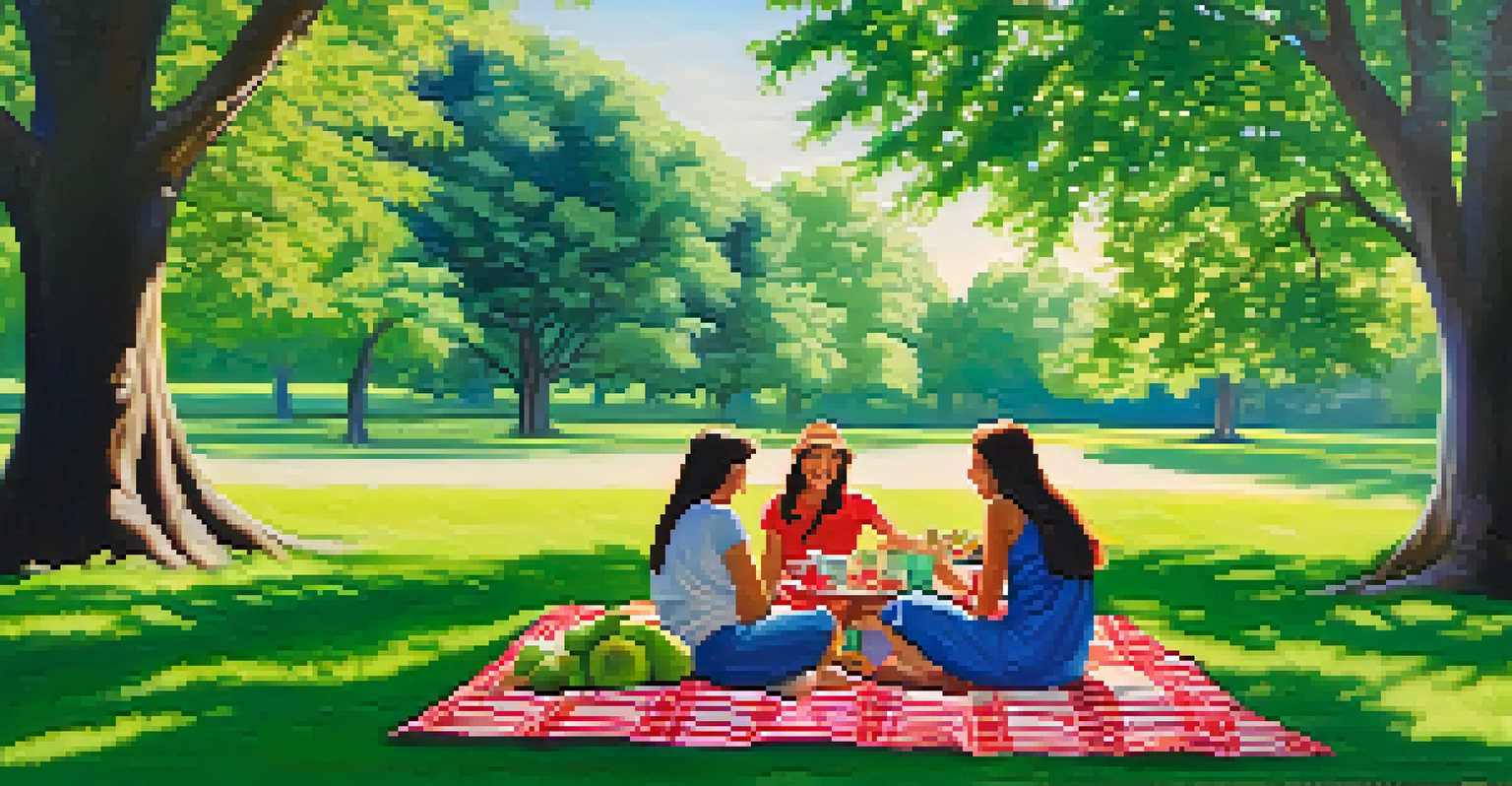 A group of friends enjoying a picnic in a green park, sharing food and laughter under a tree.