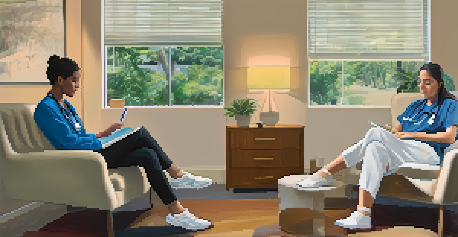 A split-screen image of a therapist and patient in comfortable settings during a telehealth session.