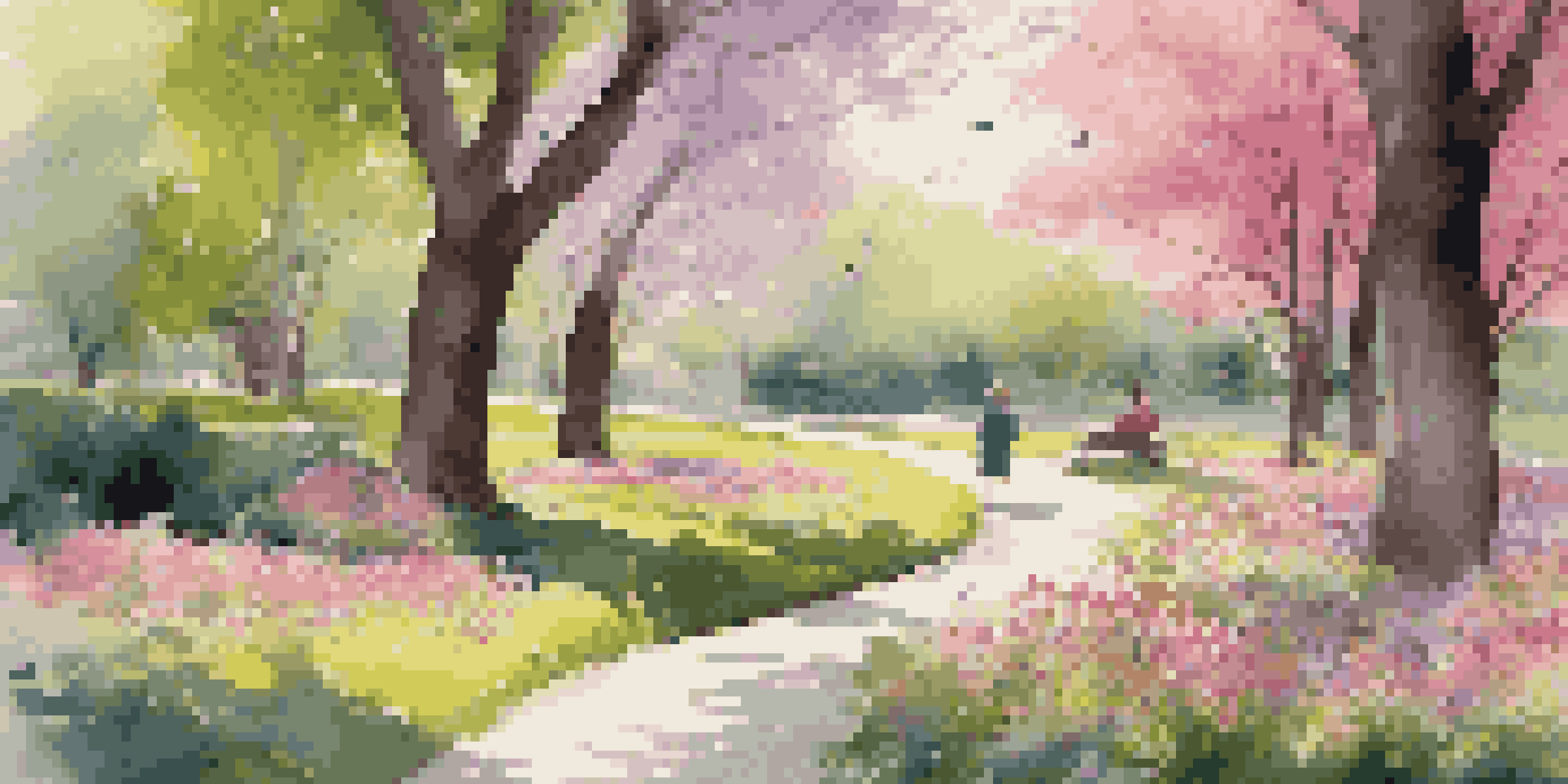 A peaceful park scene in spring with blooming flowers, a winding path, and a person reading on a bench.