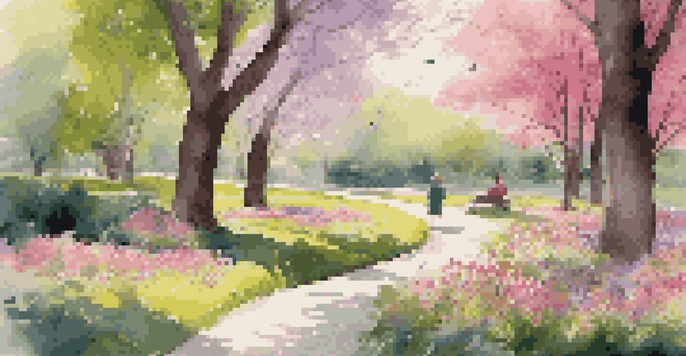A peaceful park scene in spring with blooming flowers, a winding path, and a person reading on a bench.