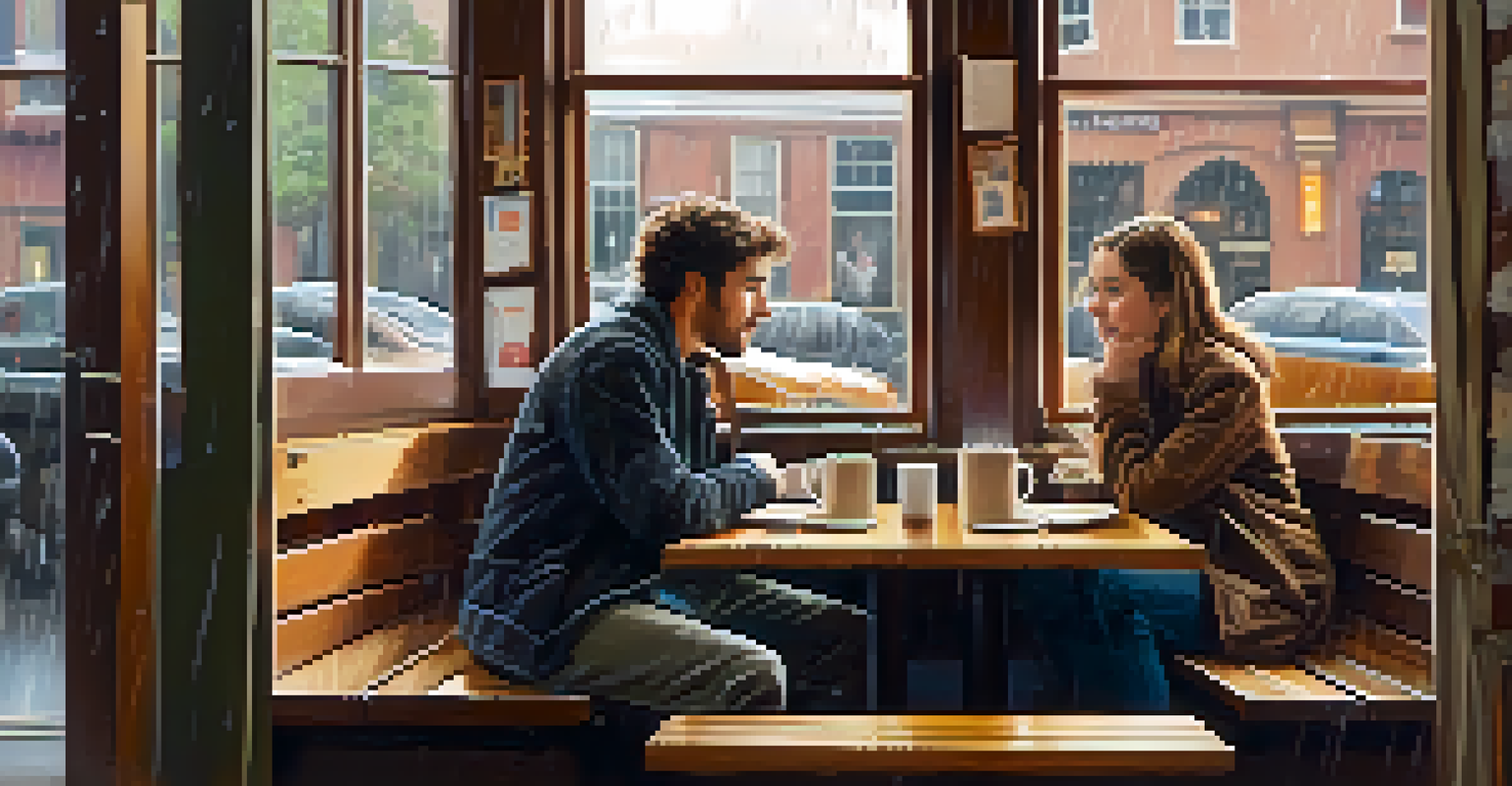 Inside a coffee shop, two friends are engaged in a deep conversation, with a warm and cozy ambiance.