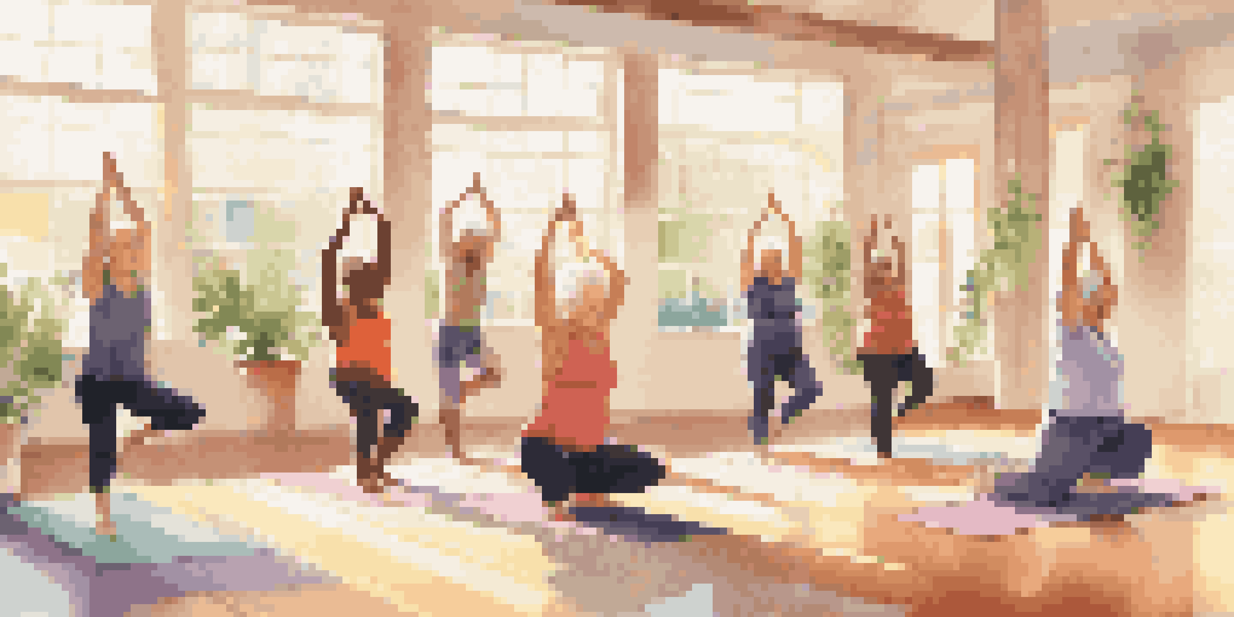A diverse group of seniors participating in a gentle yoga class in a bright studio with sunlight streaming through windows, creating a warm and inviting atmosphere.