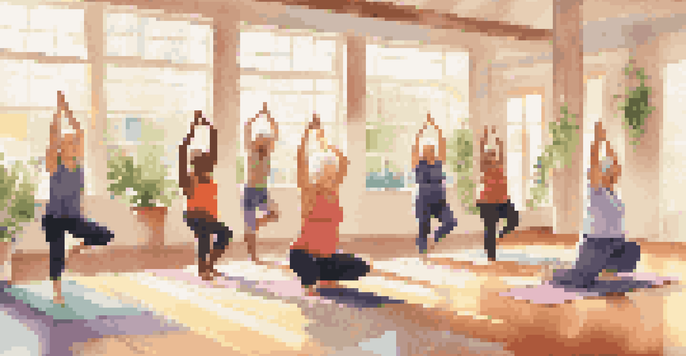 A diverse group of seniors participating in a gentle yoga class in a bright studio with sunlight streaming through windows, creating a warm and inviting atmosphere.