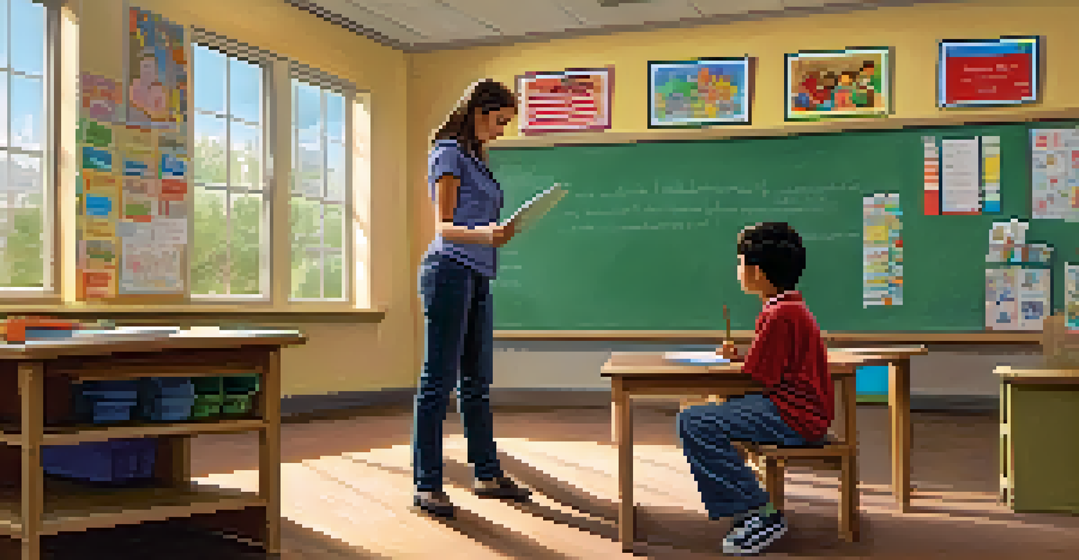 A teacher providing support to a troubled child in a bright classroom filled with educational posters.