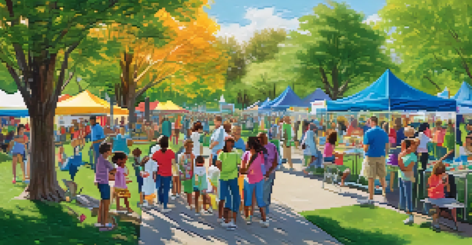 A lively community health fair in a sunny park with families engaging in health screenings and wellness resources.