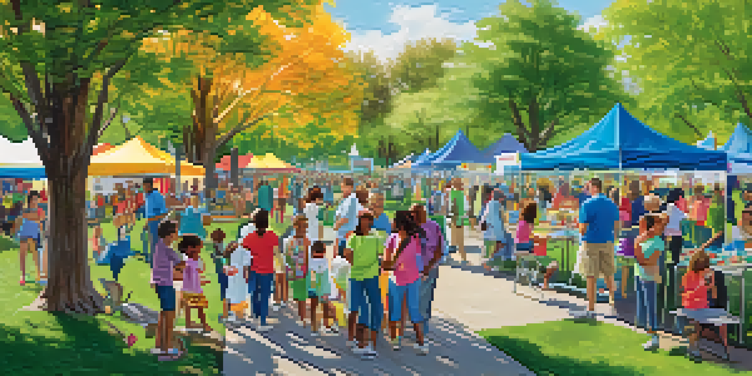 A lively community health fair in a sunny park with families engaging in health screenings and wellness resources.