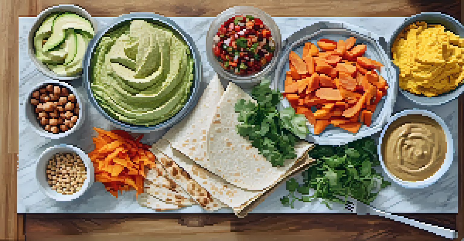 An overhead view of a prep station with various ingredients for making wraps, including tortillas, vegetables, proteins, and spreads.