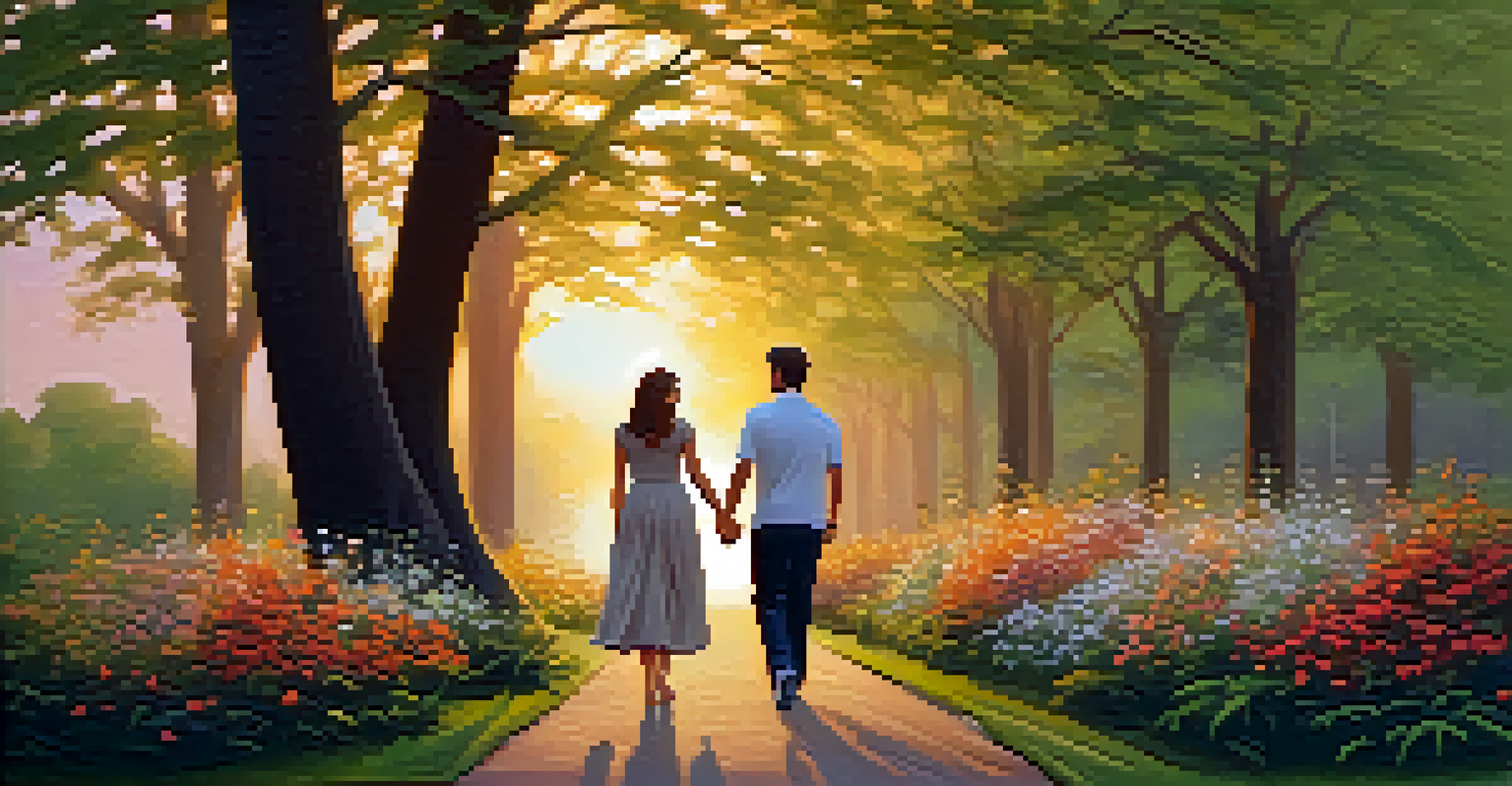 A couple walking hand in hand in a park, surrounded by flowers and trees at sunset.