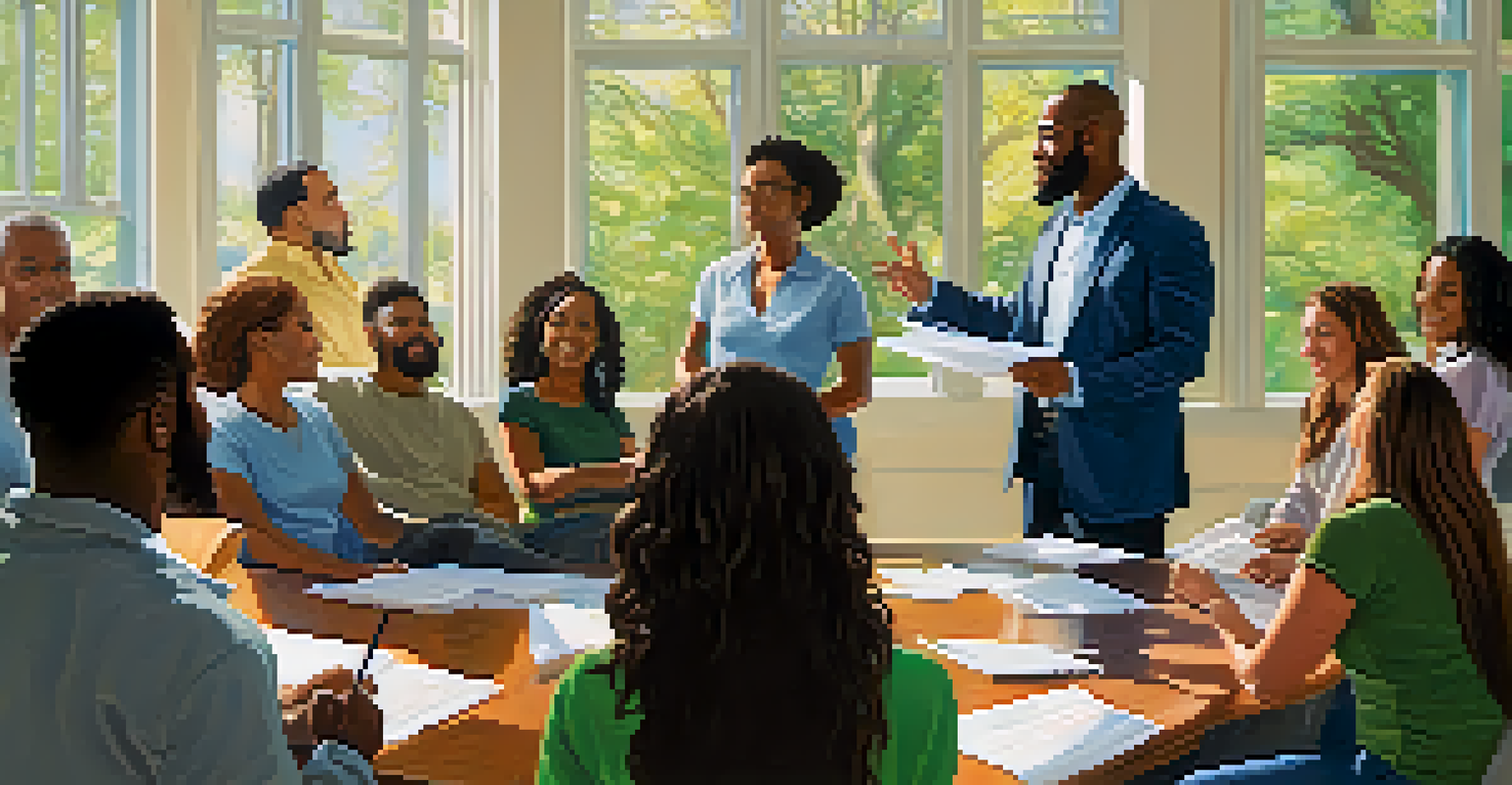 A leader facilitates a peer support group with engaged members, in a bright room filled with natural light and greenery.