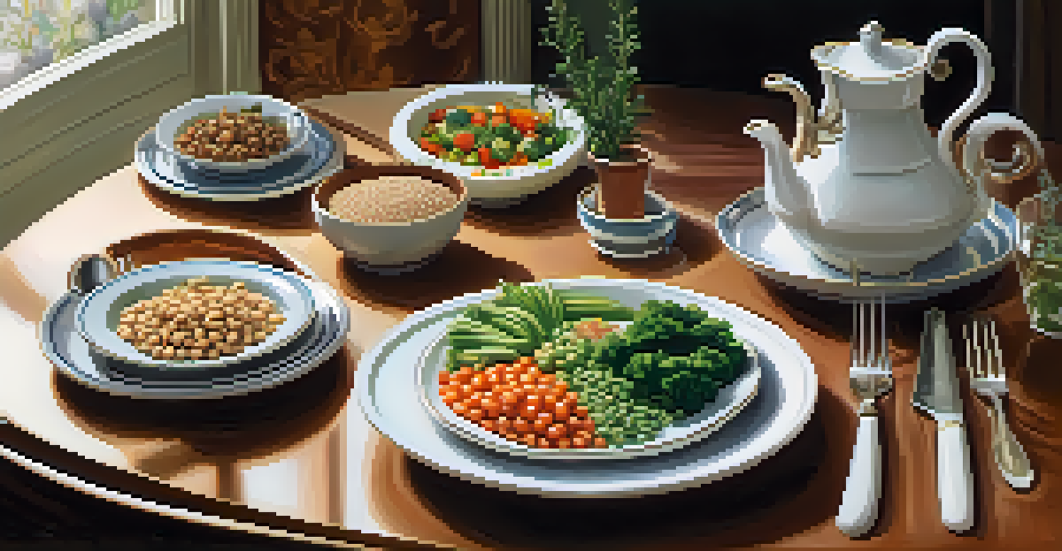A beautifully arranged dining table with small portion-controlled meals featuring whole grains and colorful vegetables, illuminated by soft lighting.