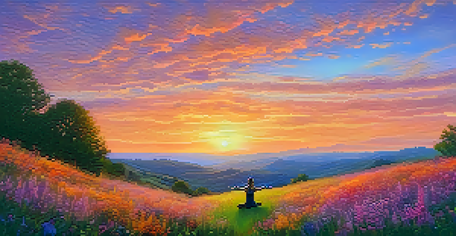 A person practicing yoga on a hill at sunset, surrounded by wildflowers and a colorful sky.